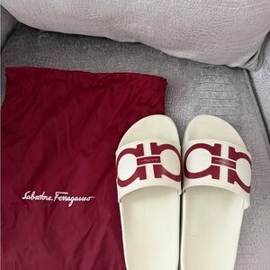 Salvatore Ferragamo White Slides with Red Detail